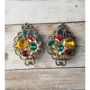 Vintage Clip On Earrings Large Flower & Holly Statement Earrings